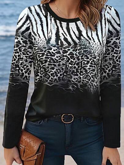 EMERY ROSE Women's Casual Animal Print Round Neck Long Sleeve T-Shirt, Autumn