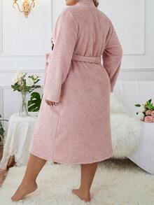 Plus Cartoon Embroidery Belted Teddy Robe , Cozy And Elegant Details, For Fall Winter Outfit, Fluffy