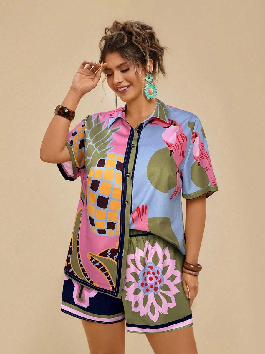 Travachic 大码女式热带水果植物印花不对称短袖衬衫上衣+沙滩短裤两件套，休闲度假 - 淺粉色 - 查看 1