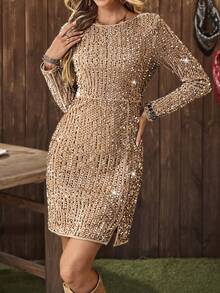 Women's Western Sequin Shiny Distinctive Long Sleeve Split Hem Elegant Fitted Mini Dress "LanaWest" - Khaki - View 1