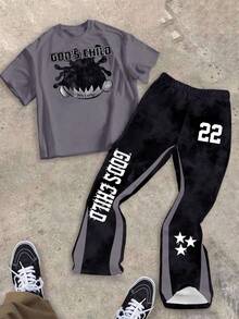 SHEIN 2 pièces/Set Ado Garçon Décontracté Imprimé Graffiti Étoile et Lettre Graphique T-shirt à Manches Courtes et Pantalon de Survêtement Évasé, Style Streetwear, Convient pour le Printemps/Été - Multicolore - Voir 5