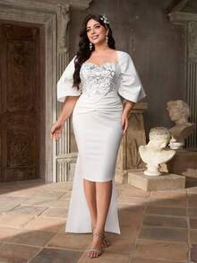 Aureia Plus Size Elegant Romantic White Sweetheart Neck Bow Decor Luxury Beaded Patchwork Knit Fabric Bodycon Cocktail Dress (Detachable Bow) - White - View 7