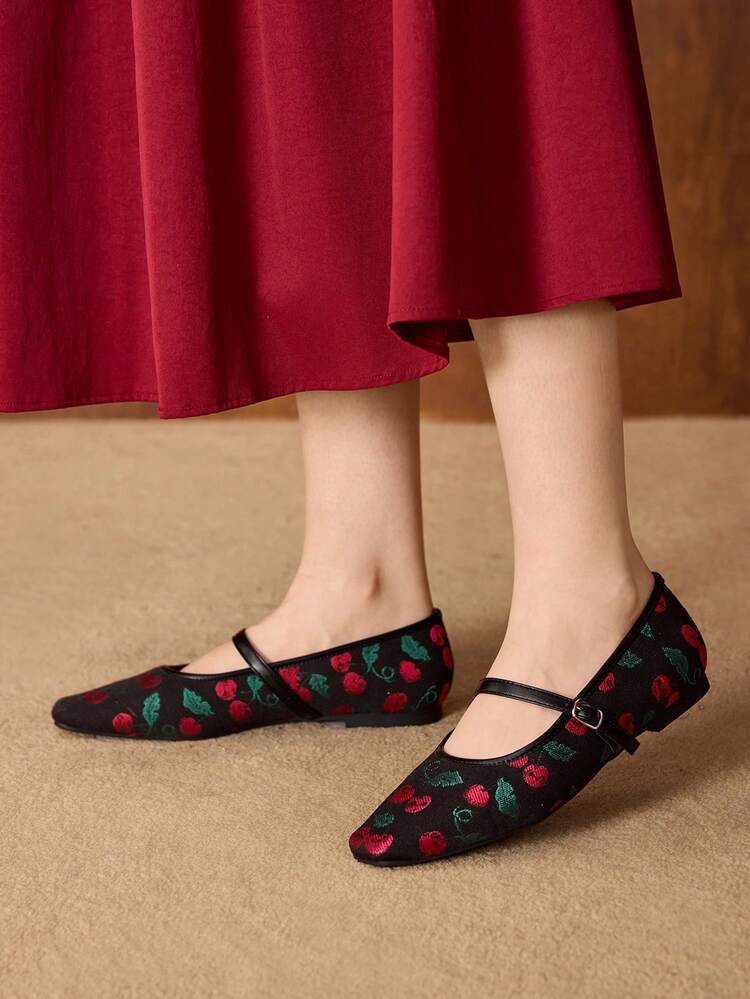 WOMEN CHERRY JACQUARD SQUARE TOE FLATS VALENTINE'S DAY