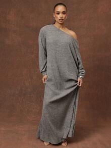 Vixey Váy Maxi Tay Dài Dệt Kim Màu Xám Đậm - Xám - Xem 3