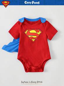 SUPERMAN X Cozy Pixies Bộ đồ liền thân cổ tròn tay ngắn họa tiết cho bé trai sơ sinh và áo choàng màu trơn 2 món - Đỏ - Xem 8