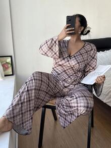 Dream Adore 加大码格子印花丝绒饰边两件套睡衣，适合春秋季穿着 - 巧克力棕 - 查看 6