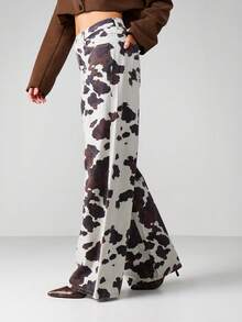 MISSGUIDED Women High Rise Loose Fit Wide Leg Cow Print Jeans Casual Full Length Palazzo Denim Pants Fall Winter AOP Pattern - Multicolor - View 4