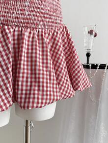 Elamini 红白格子面料腰部系带露背吊带泡泡荷叶边迷你连衣裙，女士春夏秋季时尚简约休闲通勤毕业返校教师优雅日常约会外出 - 紅白色 - 查看 6