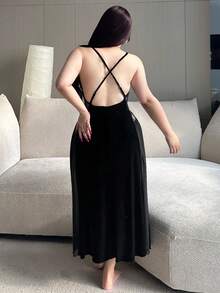 Dazy Plus 大码女式弹力修身撞色蕾丝吊带性感睡裙 - 黑色 - 查看 1