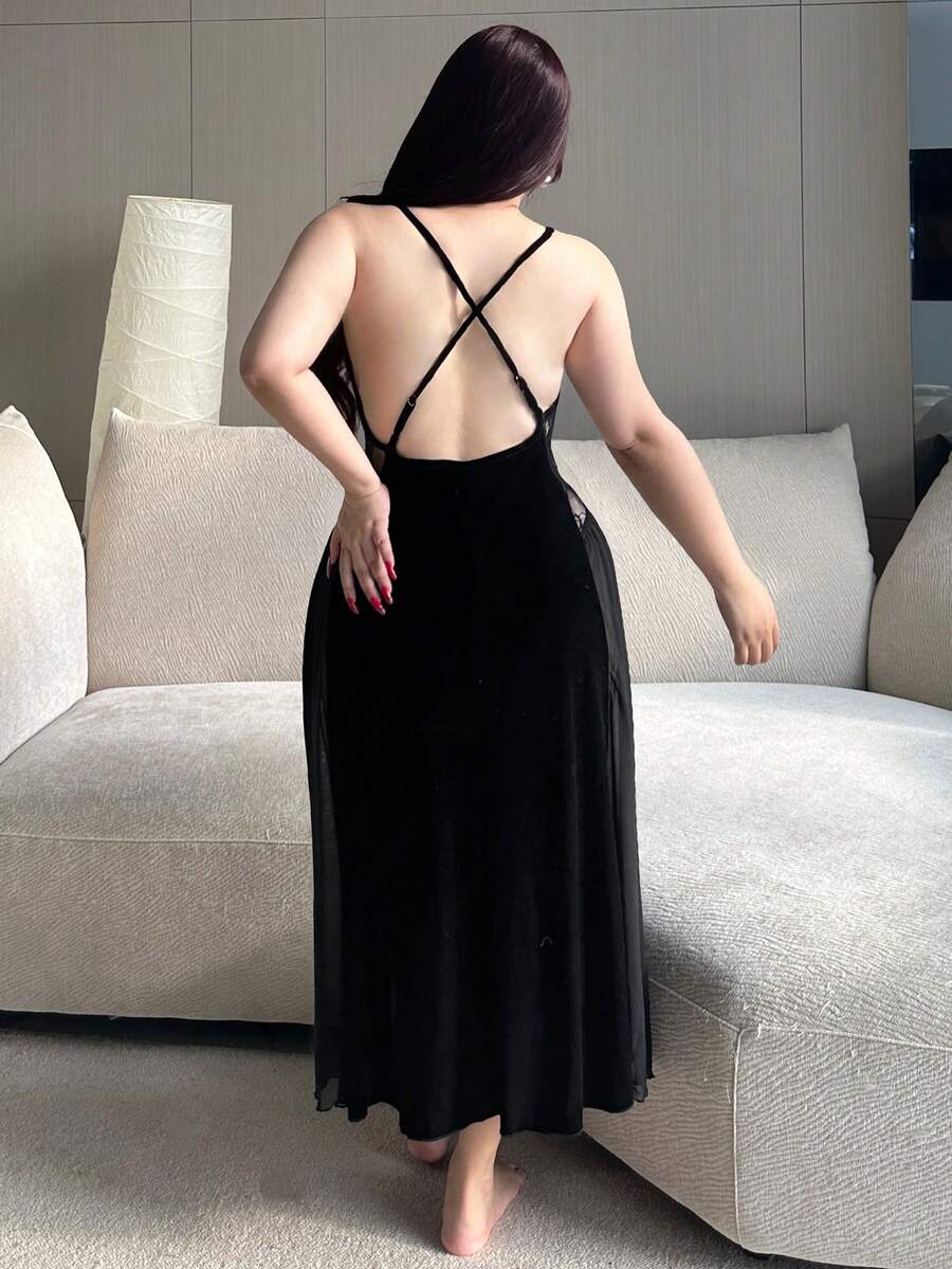 Dazy Plus 大码女式弹力修身撞色蕾丝吊带性感睡裙 - 黑色 - 查看 1