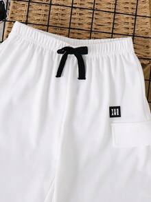 SHEIN Tween Boys' Casual Summer White Cargo Shorts,Comfortable Tight Patch Pocket Contrast Trim Loose Straight Leg Pants For School,Garden,Beach,Birthday - Black - View 6