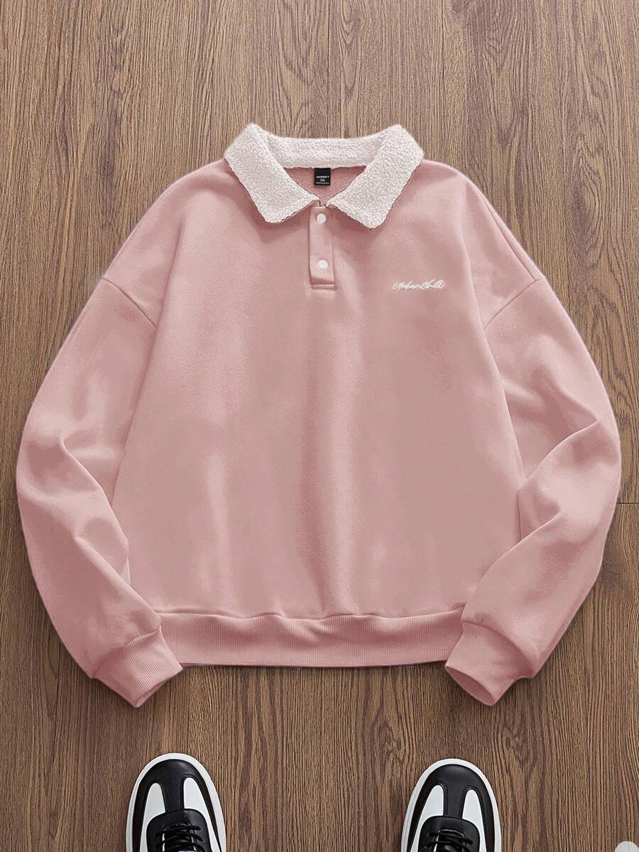 EASEVO Áo nỉ tay dài cổ bẻ cài nút in chữ cỡ lớn dành cho nam, dễ mặc, đa năng, thường ngày khi đi làm - Hồng - Xem 1