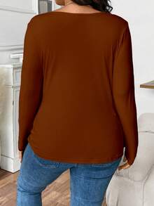 Elenzga Camiseta casual versátil de manga larga, cuello de pico y ajuste ceñido en unicolor para mujer de talla grande - Marrón - Ver 2