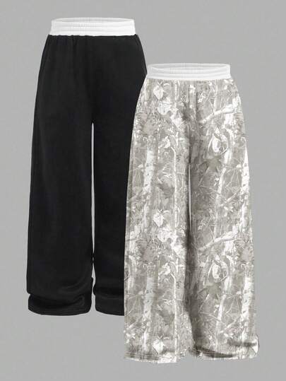 SHEIN 2 件套青少年女童休闲针织宽松高腰拼色阔腿裤和长款运动裤套装，秋冬