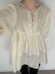 FRIFUL 女士圆领交叉系带下摆层叠荷叶边花瓣袖衬衫 - 米色 - 查看 7