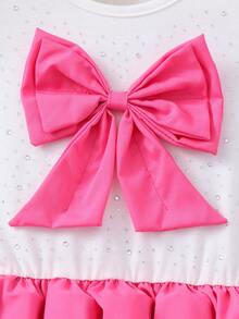 SHEIN Tween Girls' Dress, White Knit Top With Flutter Sleeves, Rhinestone Embellished Pink Bow Accent, Layered Pink Ruffle Skirt, Pleated Design, Cute School Style For Summer - Pink - View 4