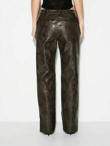KIZN Snake Print High Waist Straight Leg Faux Leather Trousers Pants Stylish Evening Party Fashion Statement Bottom - Brown - View 2