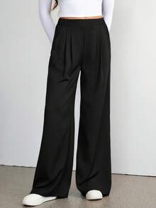 SHEIN Tall Pantalones formales, elegantes y casuales de cintura alta y pierna ancha, para primavera/verano y otoño/invierno - Negro - Ver 3