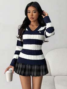 SHEIN 少女条纹V领学院风撞色针织修身舒适套头衫