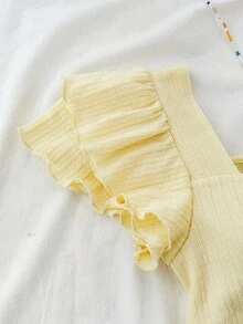 Áo thun dệt Jacquard tay bèo nhún, màu trơn, dễ thương, dễ mặc, dành cho thiếu nữ mùa hè, ngày lễ tình nhân, tiệc tùng, thường ngày, thoải mái - Màu vàng - Xem 4