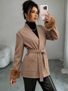 EURMUSE Abrigo de lana y mezcla con cinturón en color visón, con puños de piel sintética, bolsillos grandes, cuello de chal y estilo de ropa de abrigo de invierno para mujer - Café integral - Ver 1