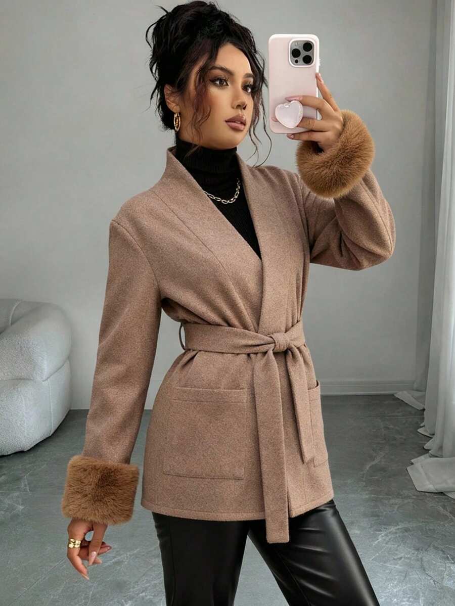 EURMUSE Abrigo de lana y mezcla con cinturón en color visón, con puños de piel sintética, bolsillos grandes, cuello de chal y estilo de ropa de abrigo de invierno para mujer - Café integral - Ver 1