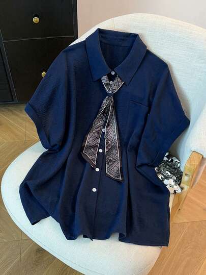 GlowEve CURVE Plus Size Women's Pleated Soft Summer Fabric Drop Shoulder Button-Up Shirt With Ribbon Tie, Elegant And Refined Fit, Flattering Design For Office, Graduation, Holidays, Parties, Weddings, And Outdoor Activities