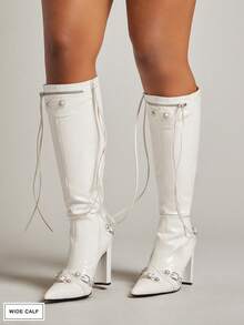 SHUZIA Giày bốt cao đến đầu gối dành cho nữ, kiểu dáng tối giản, thoải mái, mũi nhọn, gót nhọn, có khóa cài, thích hợp cho Giáng sinh và Ngày Valentine. Phù hợp với mọi dáng người. - trắng - Xem 4