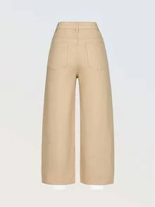 SHEIN ChillGRL Denimly Girls Casual Minimalist Academy Style Washed Denim Elastic Waist Zipper Hem Cropped Jeans - Khaki - View 2