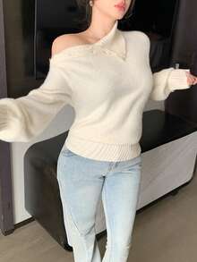 DAZY Suéter elegante de mujer de unicolor con cuello asimétrico, otoño/invierno - Beis - Ver 8