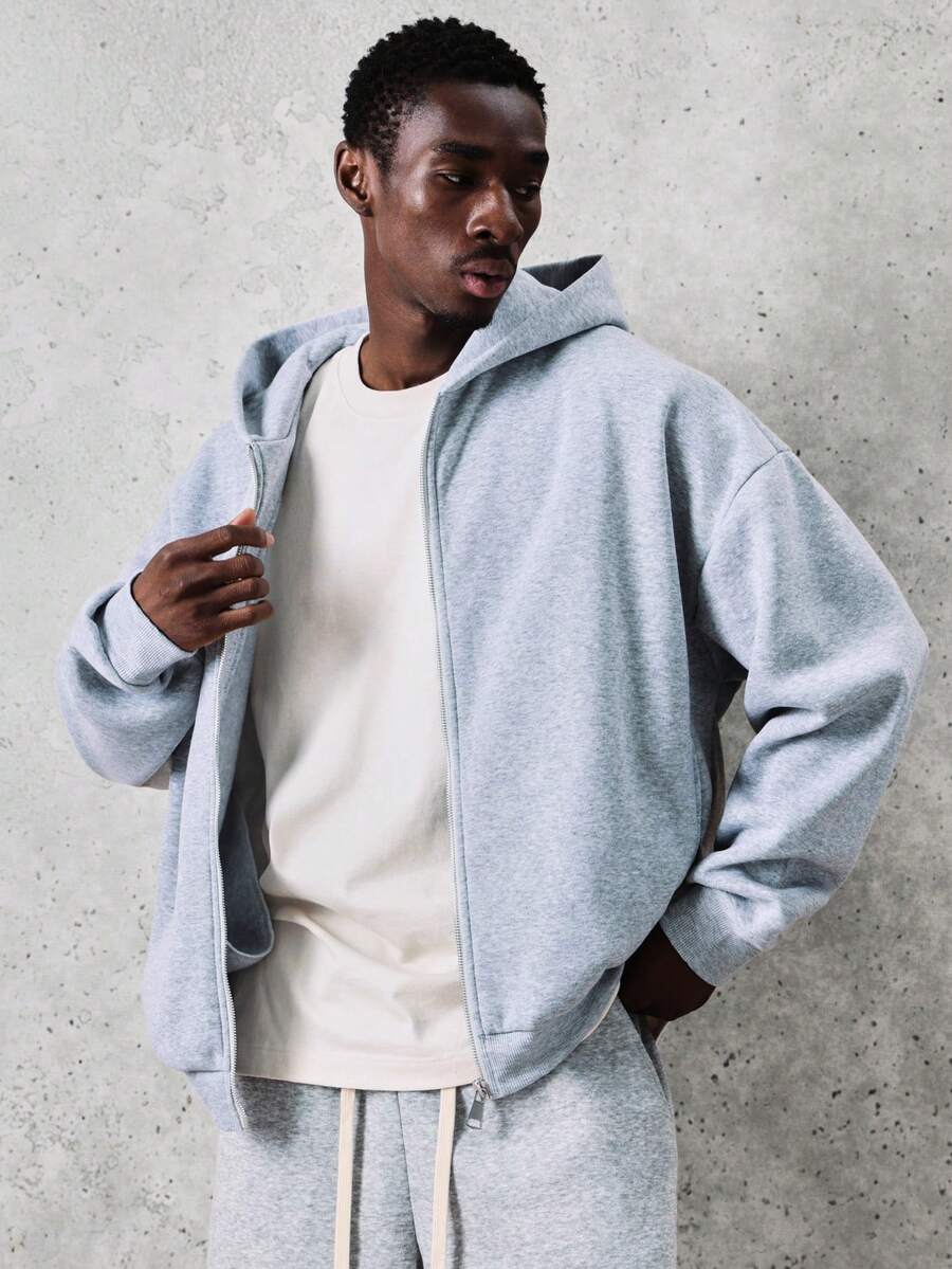 Áo Hoodie Nam SUMWON Essential Full Zip dáng rộng, áo nỉ thường ngày có mũ, dây rút, tay dài, thoải mái, thích hợp cho mùa đông thu, phong cách đường phố, mặc nhà hàng ngày, màu trơn - Màu Xám nhạt - Xem 1