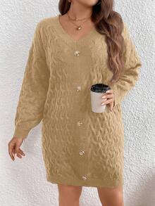 SHEIN LUNE Váy len dệt kim thiết kế cài nút vai hở vai cỡ lớn dành cho nữ, mùa thu/đông - Màu Khaki - Xem 4