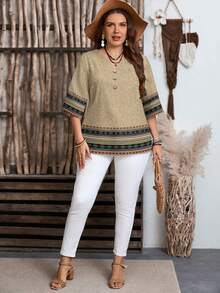 EMERY ROSE Plus Size Women V-Neck Striped Casual Versatile Commute Vacation Long Sleeve Shirt Spring - Apricot - View 4