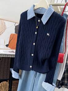 Resyla Women's Striped Print Embroidered Button-Front Long Sleeve Knit Cardigan - Navy Blue - View 4