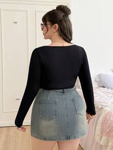 CovetEZ Plus Ribbed Knit Bodysuit Spring Clothes - Black - View 2