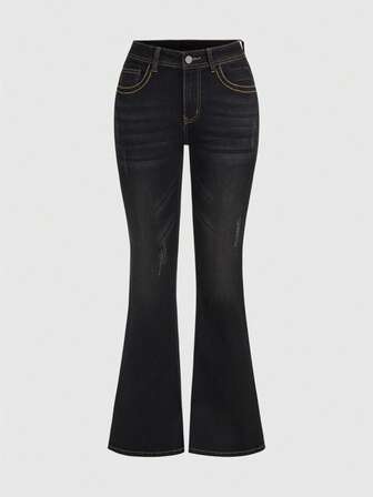 Grunge Punk Jeans skinny a zampa di donna con lavaggio vintage e effetto baffi di gatto consumato