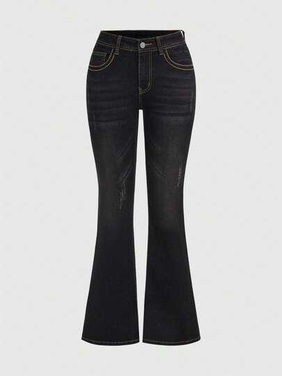 Grunge Punk Jeans de mujer con efecto desgastado y lavado vintage, con forma de campana y efecto de bigote de gato