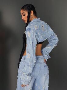 Jeanoix Chaqueta vaquera corta de mujer con dobladillo deshilachado y desgastado - Lavado ligero - Ver 2