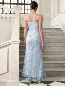 Elenzga French New Sequin Lace Mesh Sheer Backless Dress, Sexy See-Through Strapless High-End Evening Gown, Unique Fashion Elegant Long Evening Dress - Blue - View 2