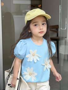 Elladie kids Áo kiểu tay phồng trang nhã cho bé gái, họa tiết hoa 3D, thích hợp cho mùa hè. - Màu xanh lam - Xem 4
