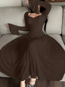 Feyla Women's Solid Color Minimalist Long Sleeve Midi Dress, Casual Everyday Wear - Coffee Brown - View 4