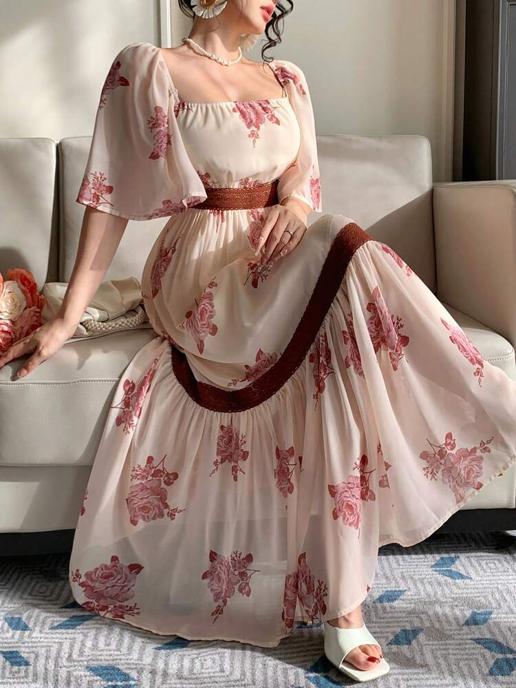 DAZY Vestido midi de mujer elegante con bloqueo de color, encaje y estampado floral, vestido de verano - Burdeos - Añade 6