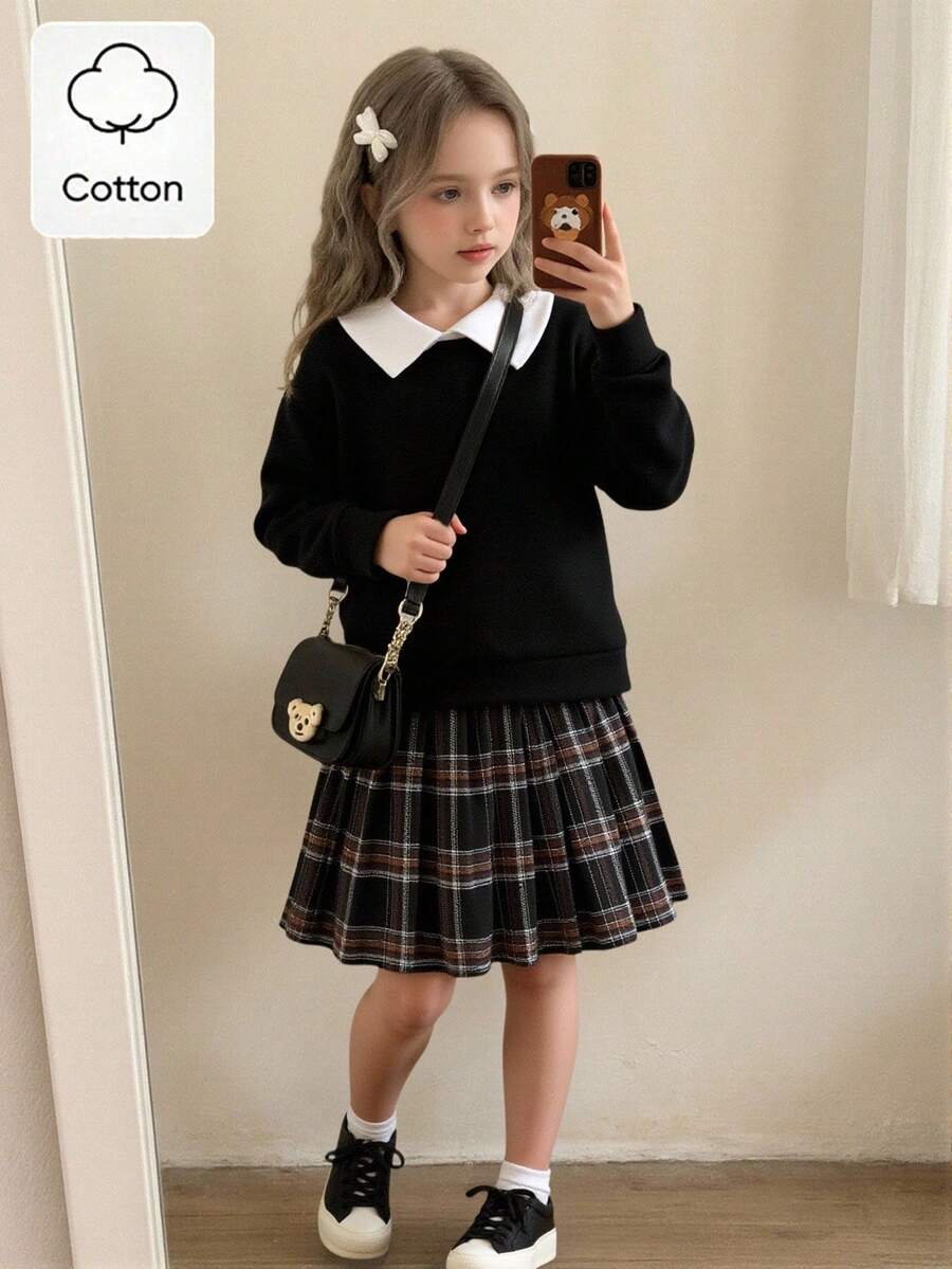 SHEIN Elladie kids 2件套女童休闲毛绒衬衫领卫衣和格子百褶裙套装，适合春秋季穿着 - 黑色 - 查看 1