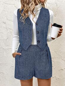SHEIN Clasi 2pcs/Set Women Wool Blend Vest + Shorts Suit For Commuting, Autumn/Winter - Blue - View 3