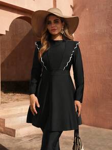 Swim Mulvari Plus Size Women's Black Solid Color Embroidered Mature Middle Eastern Style Tankini Swimsuit Set, Spring/Summer - Black - View 6