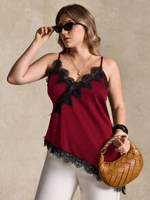 Elegantrix Plus Size Women Urban Casual Lace Asymmetric Hem V-Neck Patchwork Solid Color Cropped Camisole - Red - View 3