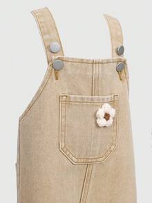 SHEIN 女婴水洗牛仔背带裤，碎花宽松连体裤 - 卡其色 - 查看 4