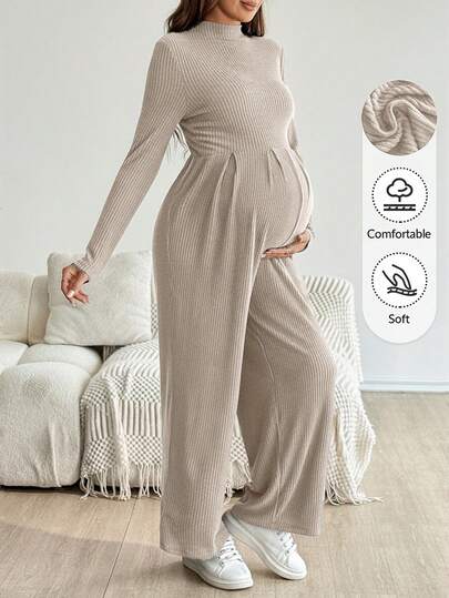SHEIN 孕妇立领纯色褶皱长袖休闲日常连体裤