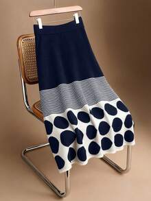 Franclia Elegant Geometric Polka Dot & Striped Long A-Line Knit Skirt, Casual & Versatile For Commuting, Autumn/Winter - Multicolor - View 6