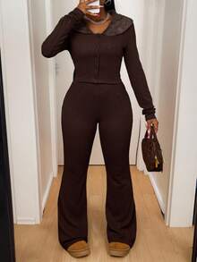 Slaydiva Autumn Elegant Dark Brown Two Pieces Set Women,Fur Collar V-Neck Long-Sleeved Slim T-Shirt & Flared Pants,Tweed Business Casual Brunch Outfits - Brown - View 9